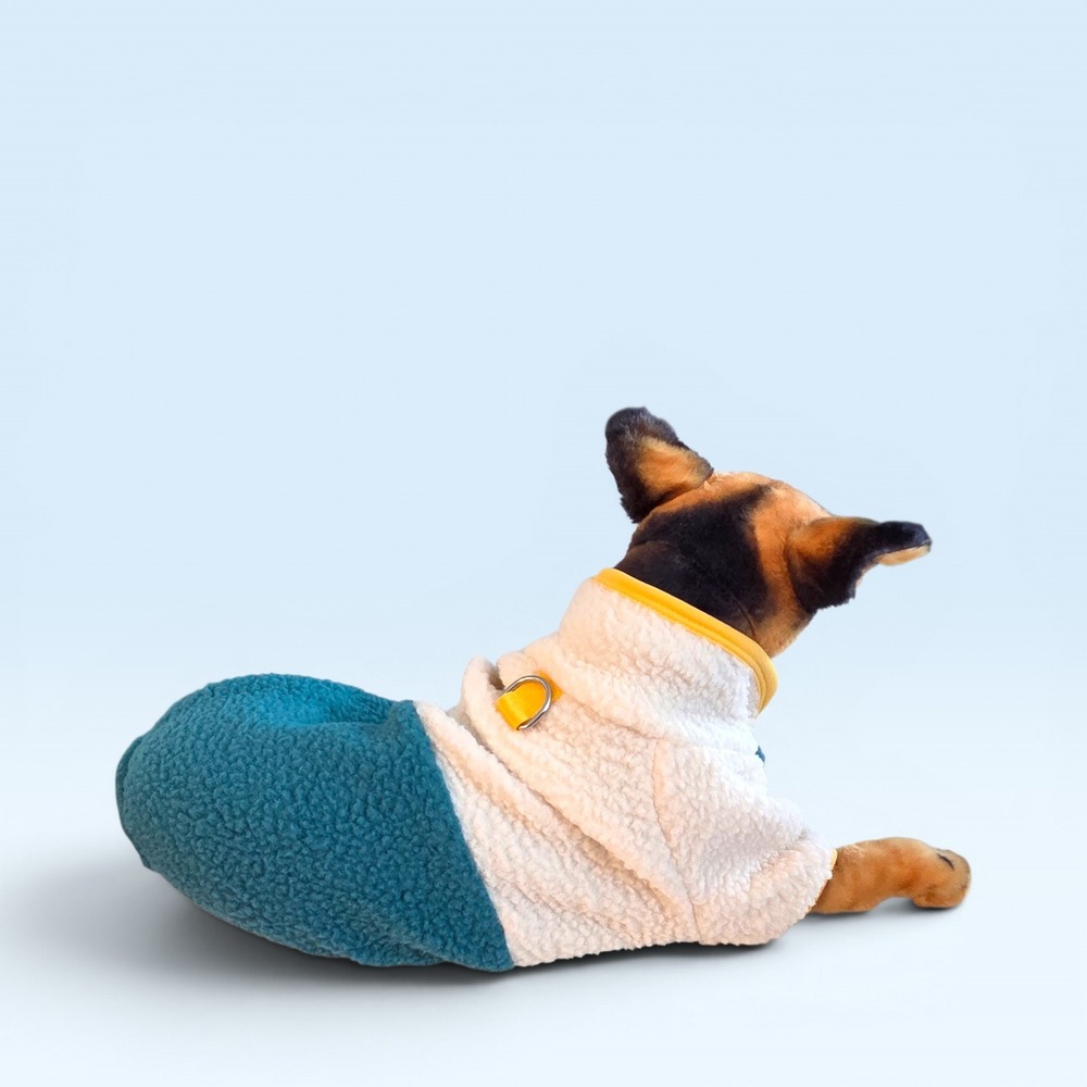 Two Tone Sherpa Fleece Dog Pajamas Teal Cream Pet Onesie with D-Ring Size Small - Picture 3 of 9